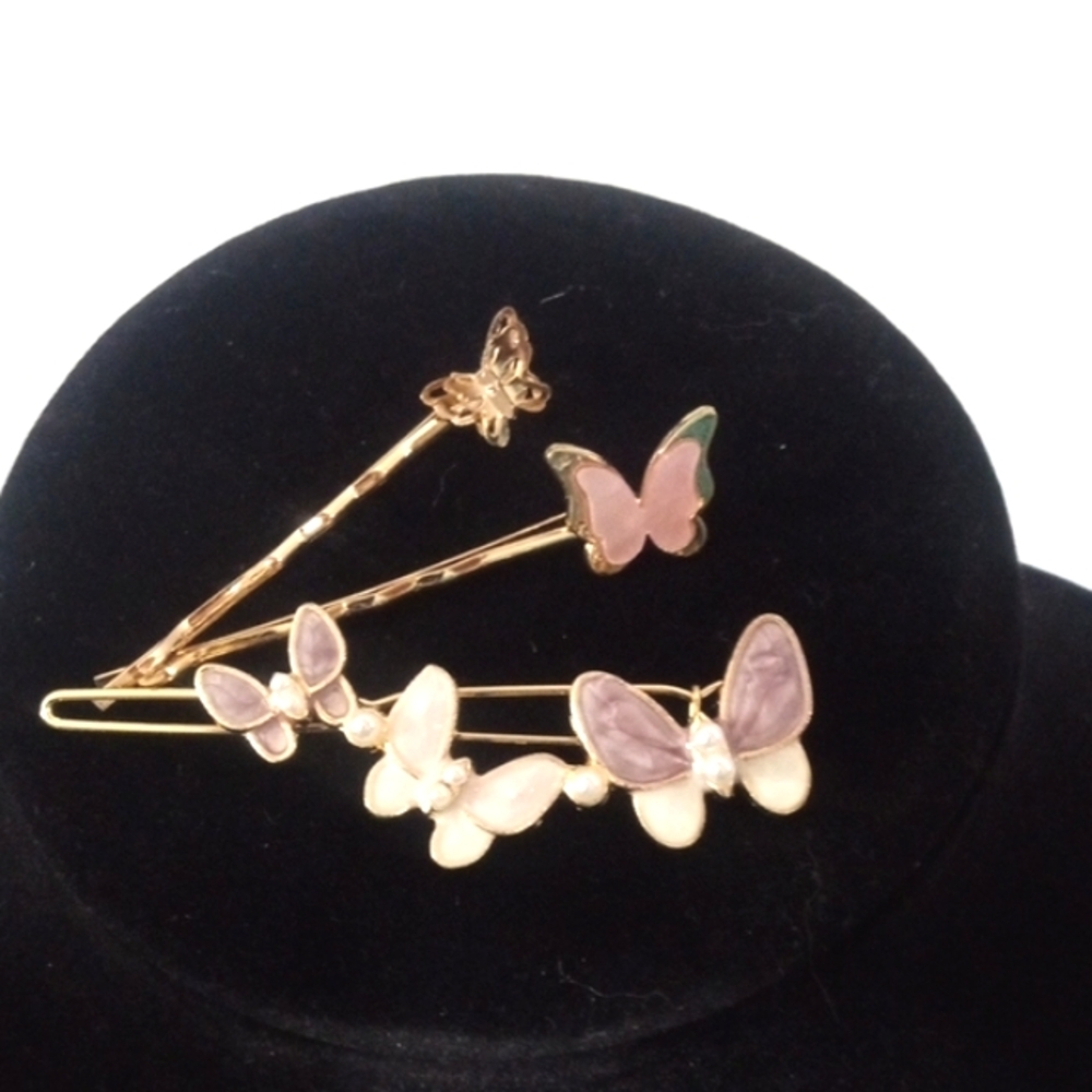 BUTTERFLY HAIRPINS TRIO SET GOLDTONE ROSE LAVENDER AND CREAM ENAMEL NWT